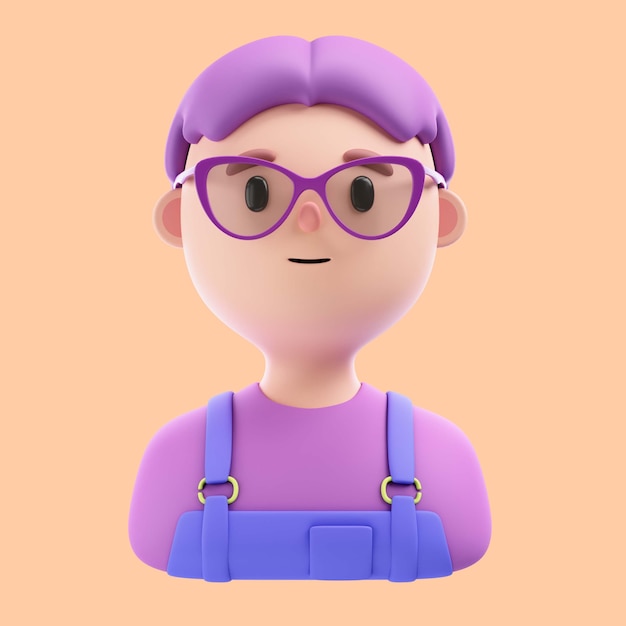 PSD 3d ilustracja osoby z fioletowymi włosami i okularami