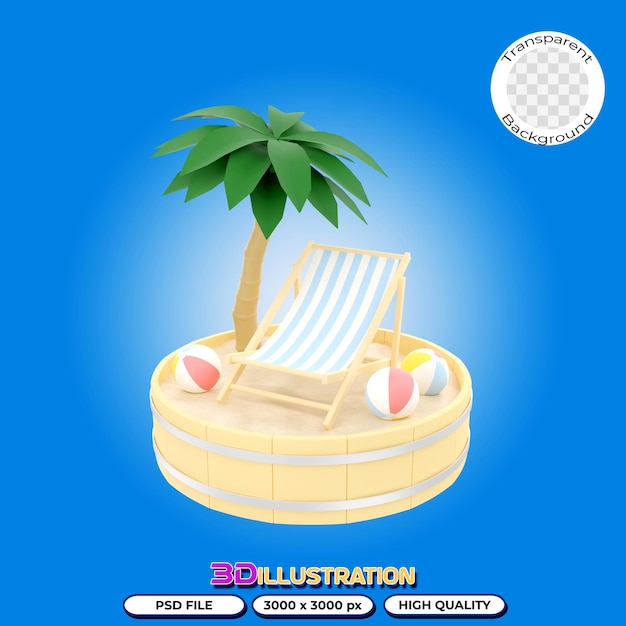 3D ilustracja parasola leżakowego i drzewa kokosowego na podium z piasku