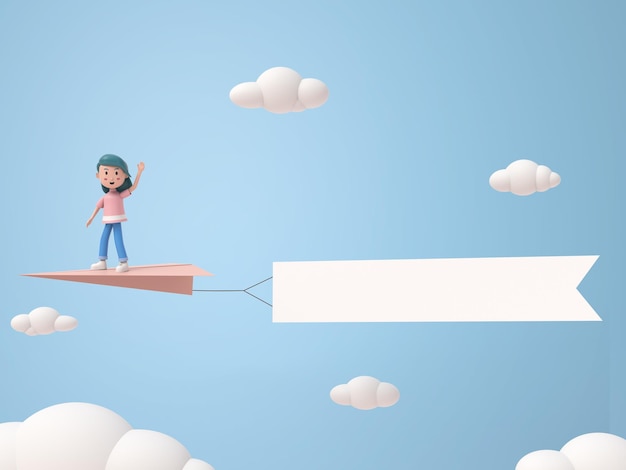 3D ilustracja postać młoda kobieta stojąca na papierowym samolocie z flagą makiety unoszącą się na błękitnym niebie z chmurami renderowanie koncepcji reklamy biznesowej