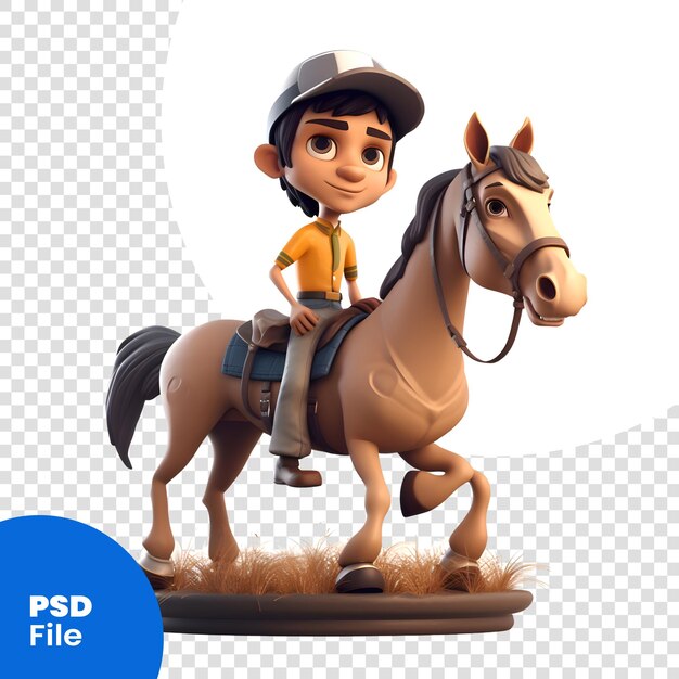 PSD 3d ilustracja postaci z kreskówki jeżdżącej na koniu izolowany szablon psd na białym tle