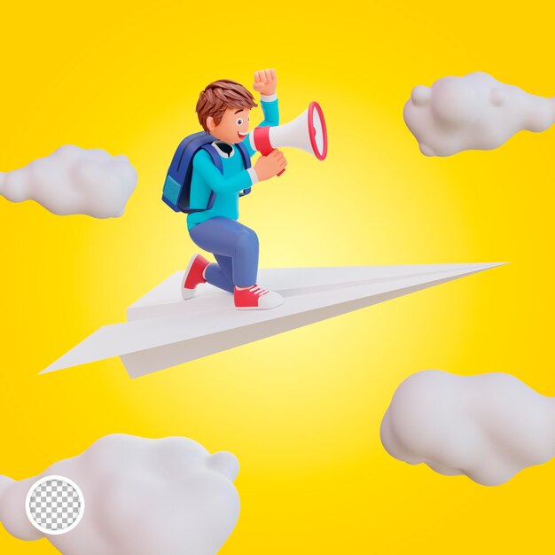 PSD 3d ilustracja śliczny chłopiec siedzi na papierowym samolocie