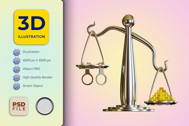 PSD 3d ilustracja sprawiedliwość jest kupowana złotem ikona wagi sprawiedliwości
