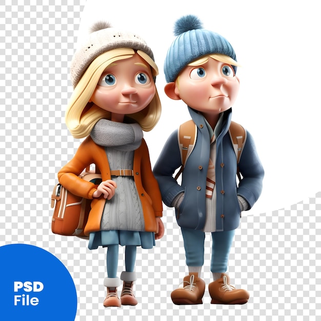 PSD 3d ilustracja uroczej dziewczynki i chłopca w zimowych ubraniach szablon psd