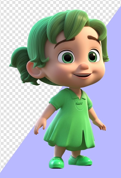 PSD 3d ilustracja uroczej postaci dziecka ze śmiejącym się wyrazem twarzy, noszącej zielone ubrania