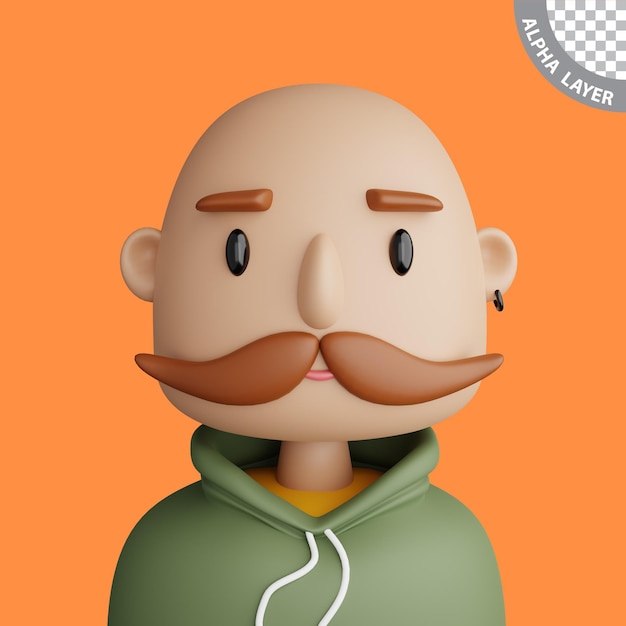 3D ilustracja uśmiechniętego łysego mężczyzny rasy kaukaskiej Rysunek z bliska portret stojącego mężczyzny rasy kaukaskiej na pomarańczowym tle Avatar 3D dla ui ux