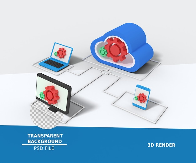 3d ilustracja ustawienia przechowywania w chmurze online