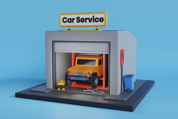 3D ilustracja warsztatu samochodowego Koncepcja budynku stacji obsługi samochodu mobilnego serwisu samochodowego
