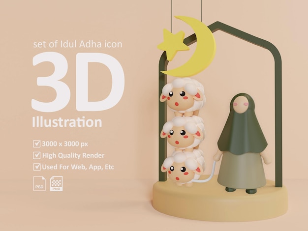 3d Ilustracja Zestaw Idul Adha Ikona Kobiety Muzułmanka I Owca