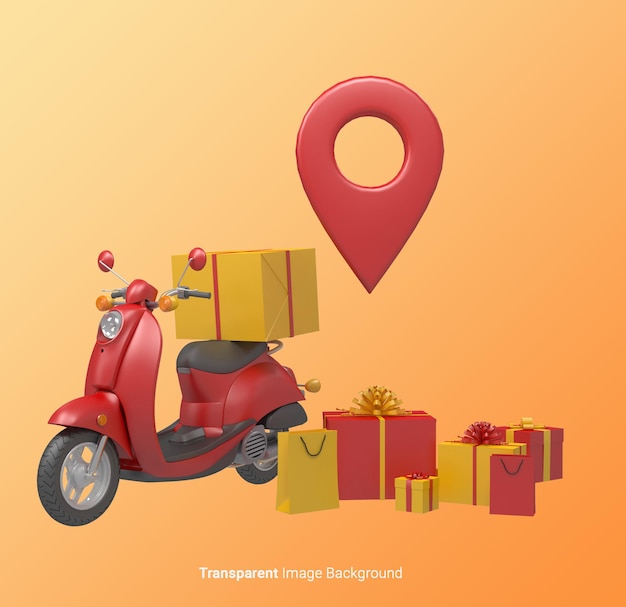 3d Ilustracyjny Motocykl Z Mapą Pudełek Na Prezent I Papierowymi Torbami Usługa Dostawy Online