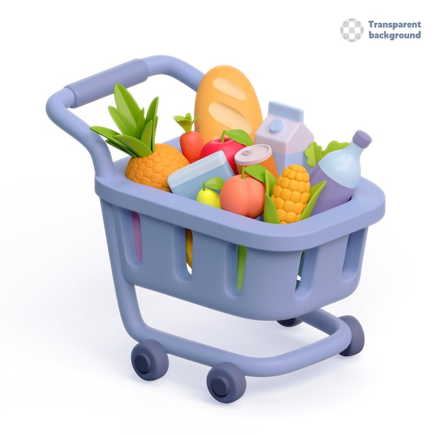 3d ilustracyjny supermarketu wózek na zakupy z sklepem spożywczym