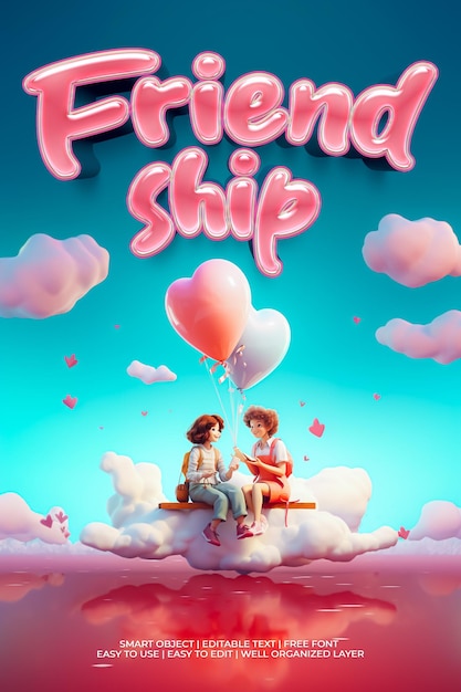 PSD 3d ilustration of friendship day with text style effect