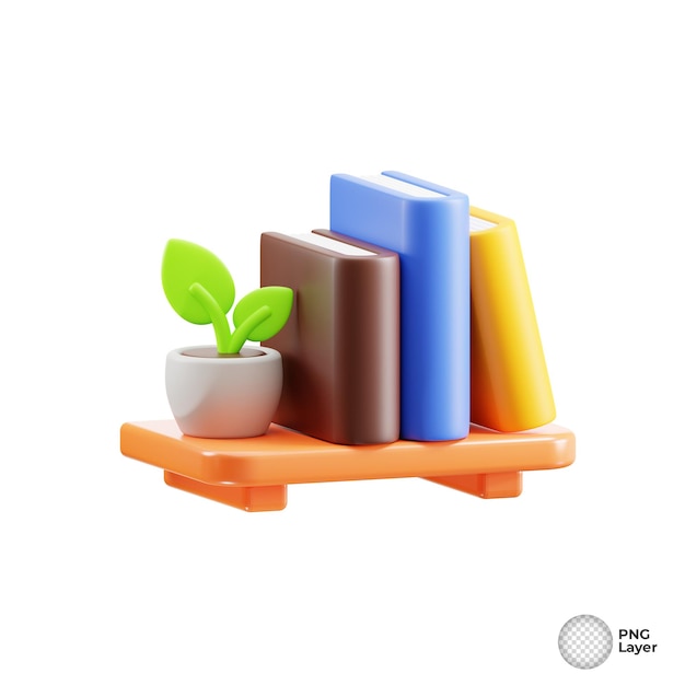 PSD 3d image of a bookshelf having books and plant on it displaying combination of nature and education