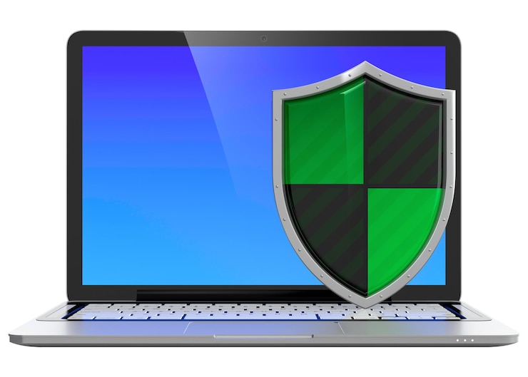 PSD 3d image of computer protection concept laptop with shield guard isolated on transparent background