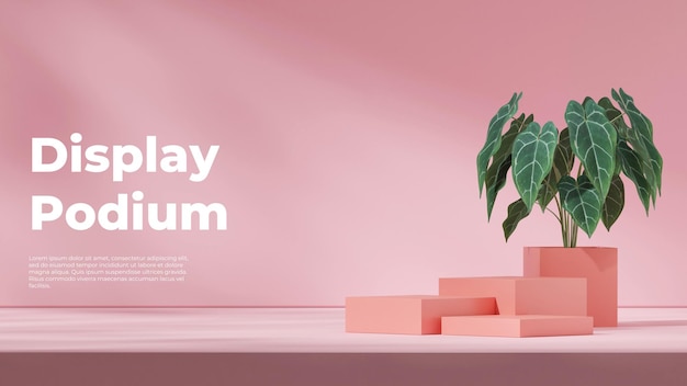 3d image render blank space pink color block shape podium in landscape pot in backdrop
