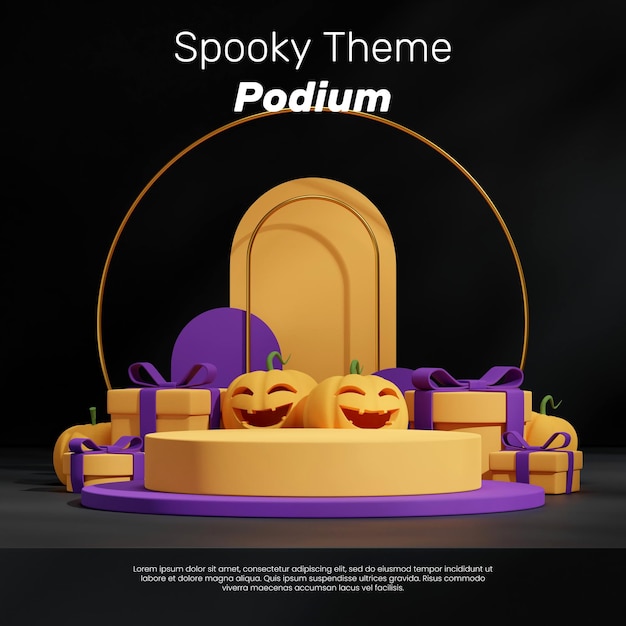 Rendering di immagini 3d scena vuota podio viola e giallo in confezione regalo quadrata e jack o' lantern