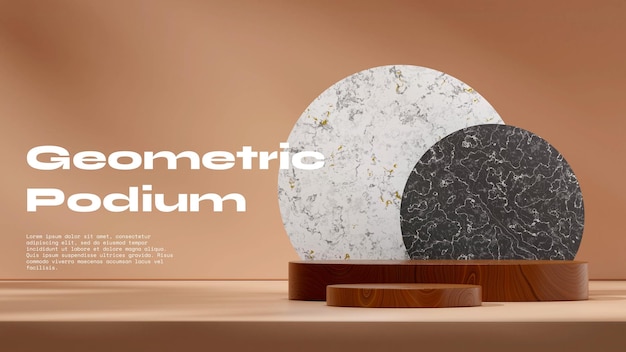 3d image render mockup space of brown wood podium in landscape with white and black marble circle