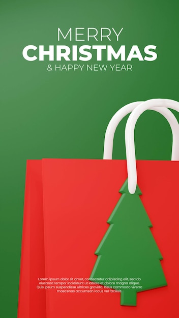 3d-изображение макет сцены красная сумка для покупок в портрете рождественской елки