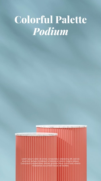 3d image render scene mockup of white marble and pink podium in portrait with light blue wall