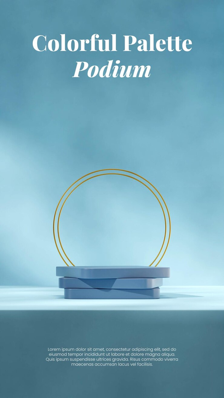 3d image render scene template blue podium in portrait with gold rings