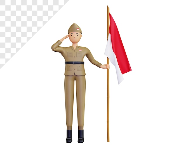 PSD 3d indonesian independence day with army character holding sharpened bamboo and indonesian flag