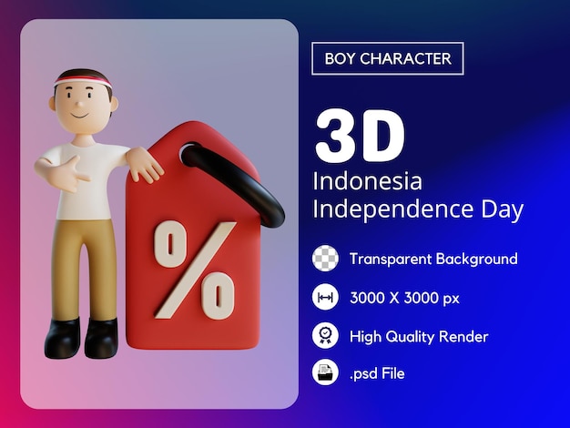 Personaggio maschile indonesiano 3d che mostra uno sconto psd premium