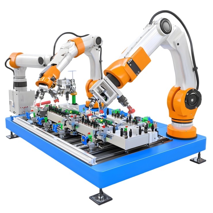 PSD 3d industrial robotic arms working on automated assembly line advanced manufacturing robotics te