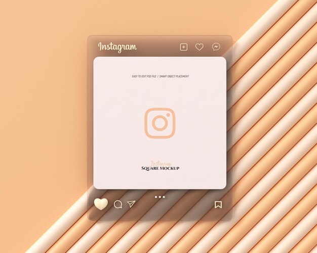 PSD 3d instagram interface glass morphism mockup with 3d heart emoji for social media post mockup