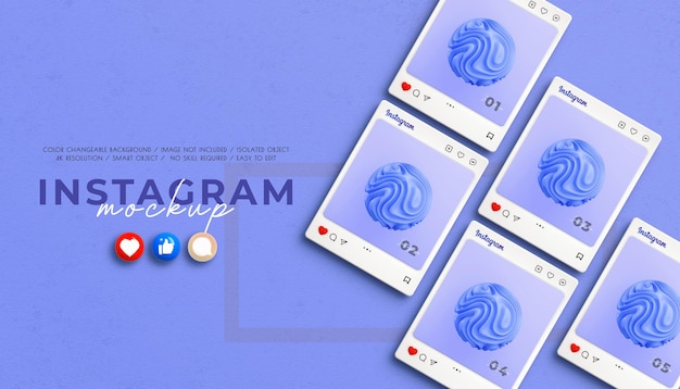 소셜 미디어 게시물 모형을 위한 3d 하트 이모티콘이 있는 3d Instagram 인터페이스 모형