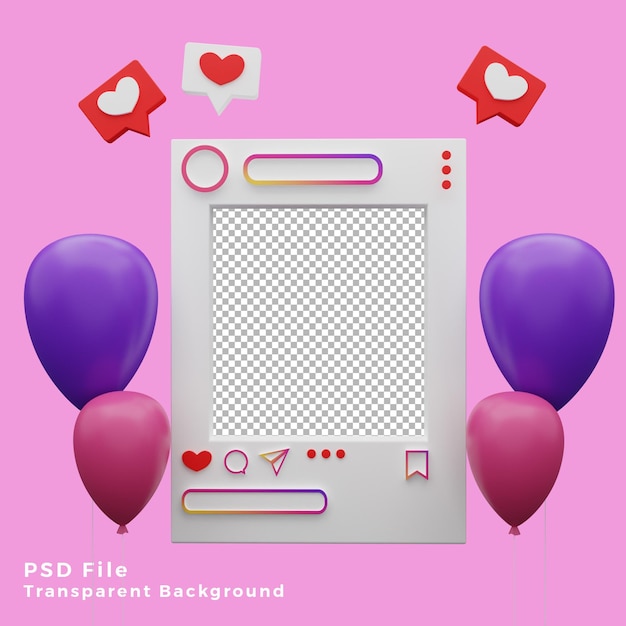 3d instagram mockup template asset with balloons icon illustration high quality