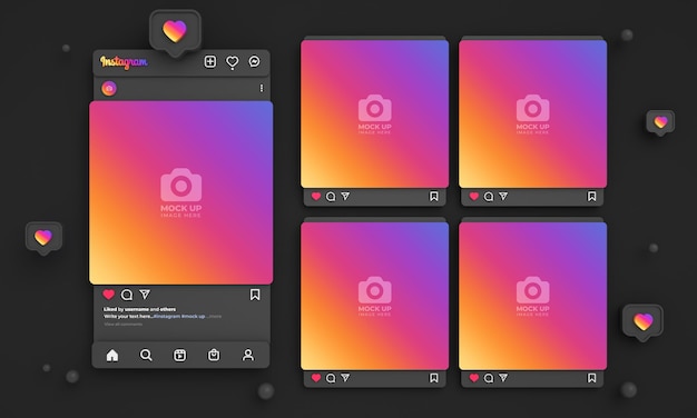 Mockup di post instagram 3d per social media con interfaccia colorata scura e feed instagram multipli