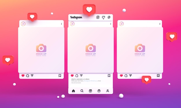 PSD 3d instagram post mockup for social media with light interface and multiple instagram feed