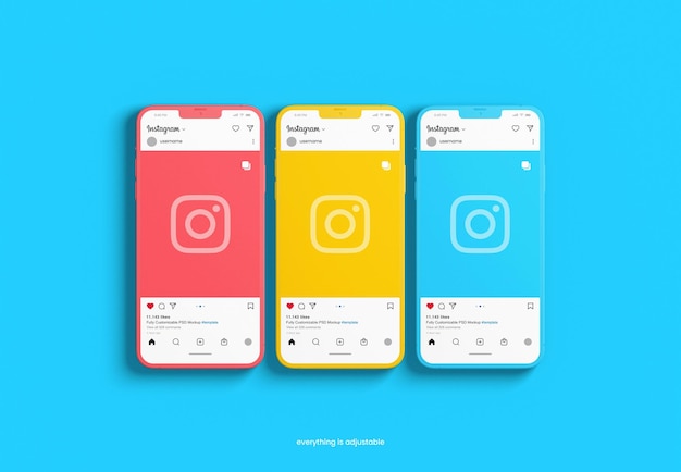 PSD 3d instagram-postmodel met interfacesjabloon en geïsoleerd kleischerm voor mobiele telefoons