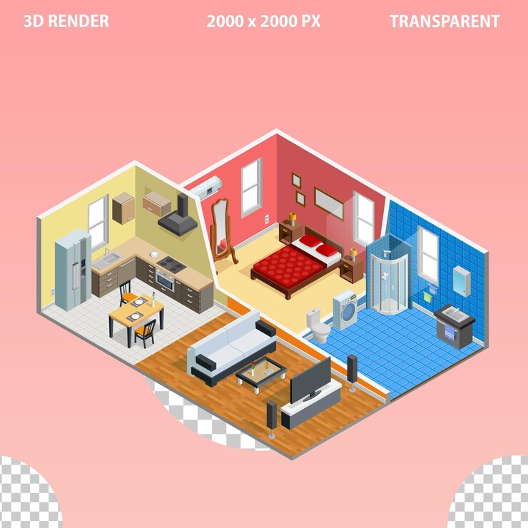 PSD a 3d interior design from outside view interior plan showing floorplan layout transparent background