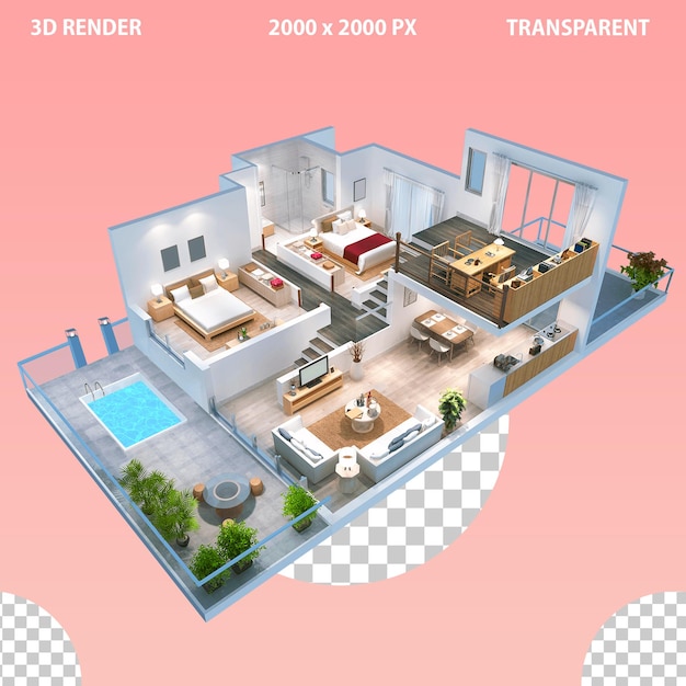 a 3d interior design from outside view interior plan showing floorplan layout transparent background