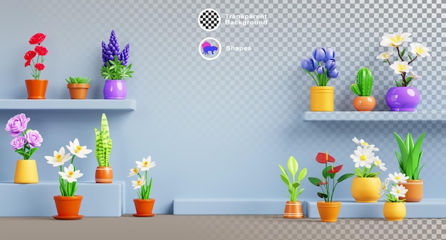 은 파란색 벽 배경에 꽃 비의 선반과 함께 거실의 3d 인테리어 디자인은 바닥에 초록색 잎을 가진 온실 꽃 식물을 표시합니다.