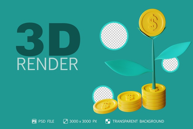 3D-investeringsontwerp met munten en boom geïsoleerde achtergrond