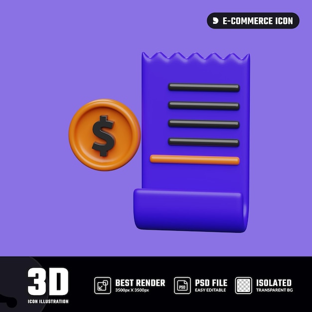 Illustrazione di rendering 3d di fattura 3d e moneta da un dollaro