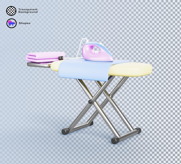 3d ironing board with pink iron and folded clothes metal device on dry clean cloth household appliances for home or laundry room isolated on blue background cartoon render icon