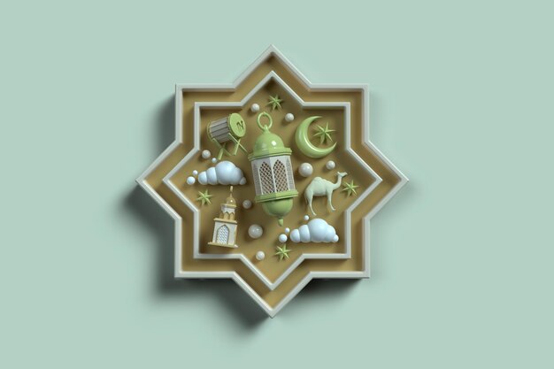 Display islamico 3d con design creativo di icone e simboli musulmani tradizionali