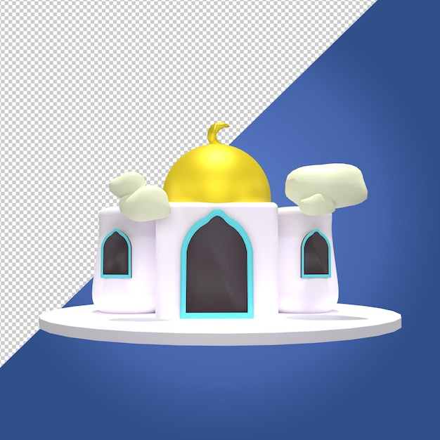 3D Islamic Mosque with golden dome and crescent moon with cloud