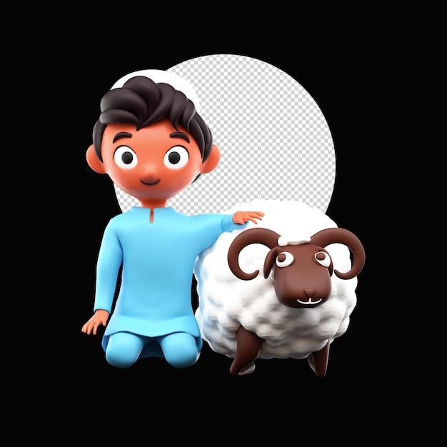 PSD 3d islamic young boy holding sheep and png circular shape on black background