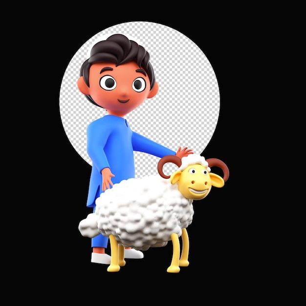 PSD 3d islamic young boy holding sheep and png circular shape on black background