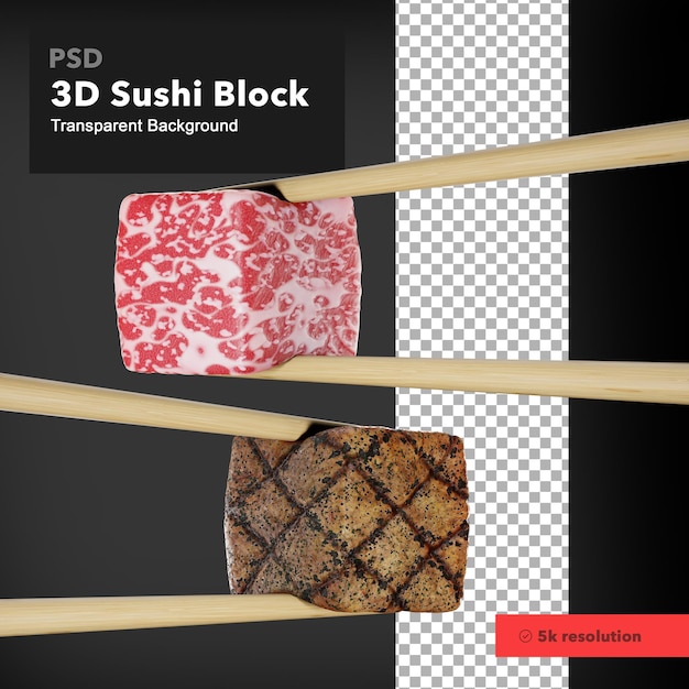 PSD 3d изолированный набор палочек для еды с блоками японской говядины вагью на прозрачном фоне