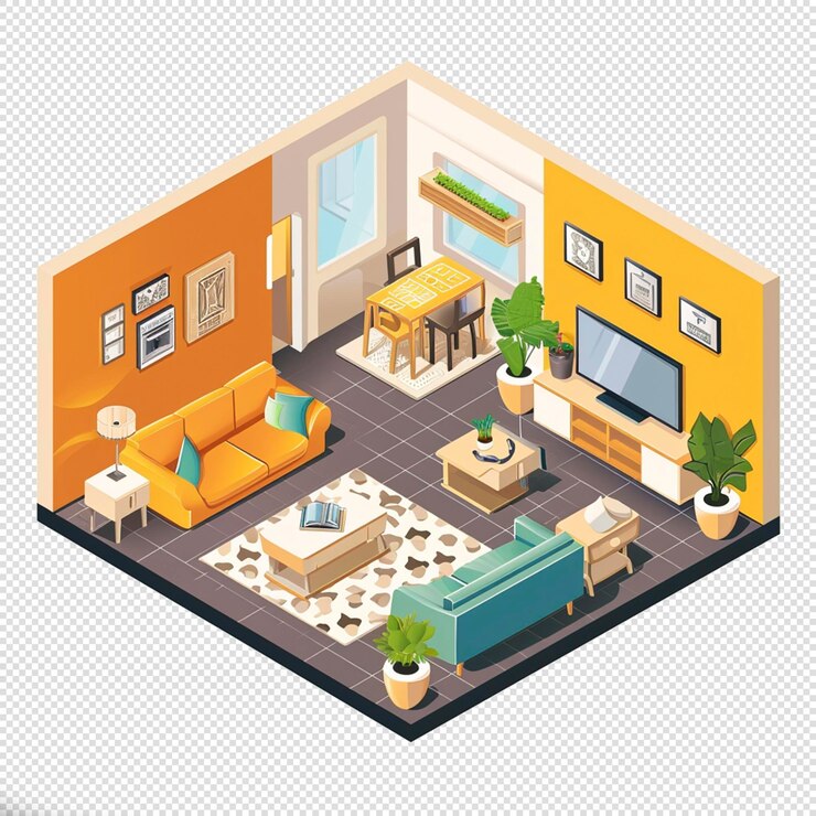PSD 3d isometric bedroom transparent background