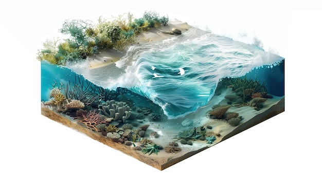 イソメトリック・ブルー・オーシャン サーフィン・ウォール 背景 ディープ・シー・ビュー 珊瑚と海面