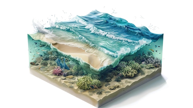 PSD 3d isometric blue ocean with waves surfing background deep sea view with coralsand ocean surface