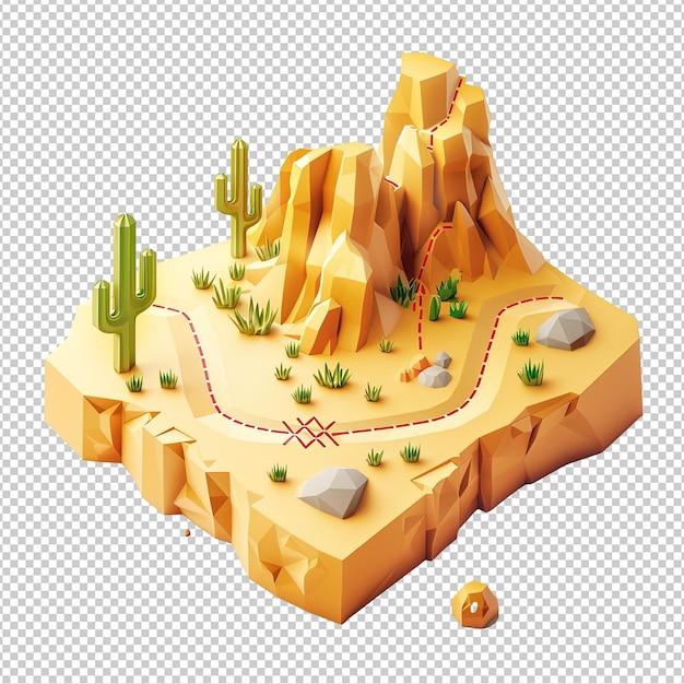 PSD 3d isometric desert landscape matte yellow tone colors treasure map with a dotted red path and an x