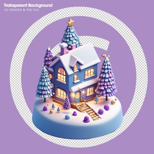 PSD 3d isometric house christmas ornaments and sparkling light effect with bokeh decorations