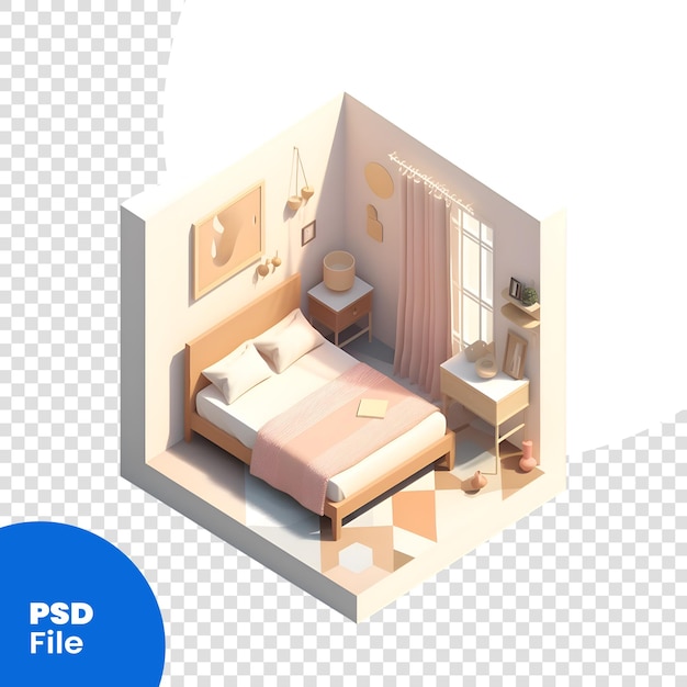 PSD 침대와 옷장 psd 템플릿이 있는 침실의 3d 동차원 그림