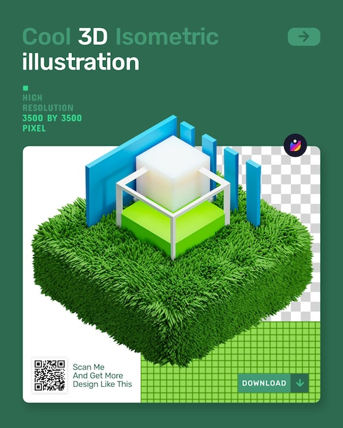 Illustrazione isometrica 3d con erba verde e architettura